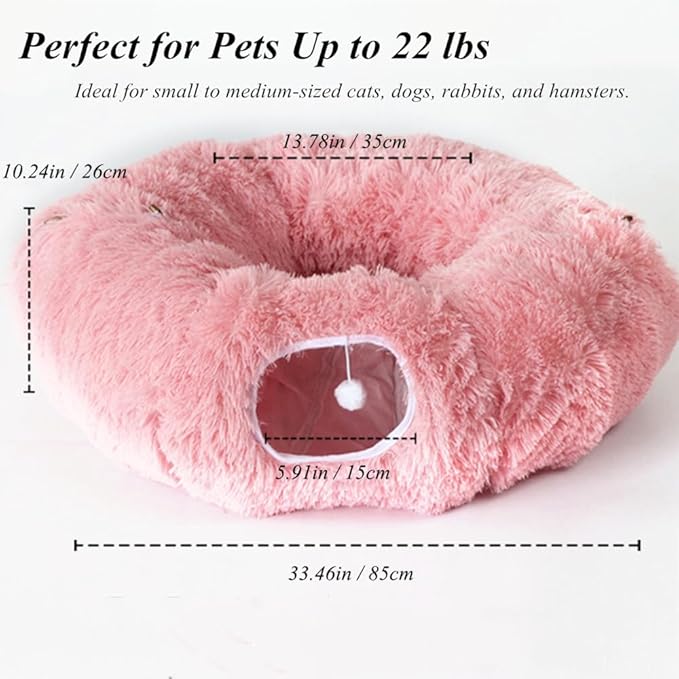 Cat Tunnel Bed Under Christmas, Luxury Donut Cat House Xmas Tree Skirt Tunnel Bed with Washable Cushion, Two-Entry Peekaboo Round Christmas Kitty Donut for Kitten Puppy Rabbit Ferret