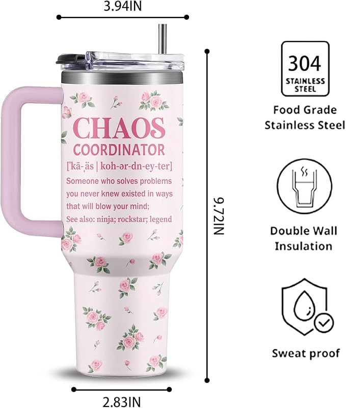 40oz Chaos Coordinator Tumbler with Handle, Funny Gifts for Women Coworker - Insulated Boss Travel Mug, Coffee Tumbler for Office Manager/Administrative Assistant/Secretary Appreciation Christmas Gift