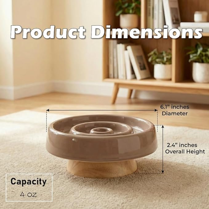 Ceramic Cat Slow Feeder, Raised Slow Feeder Cat Bowl, Anti Vomiting and Whisker Friendly Kitty Dish, Elevated Puppy Kitten Food Bowl for Dry and Wet Food (Brown)