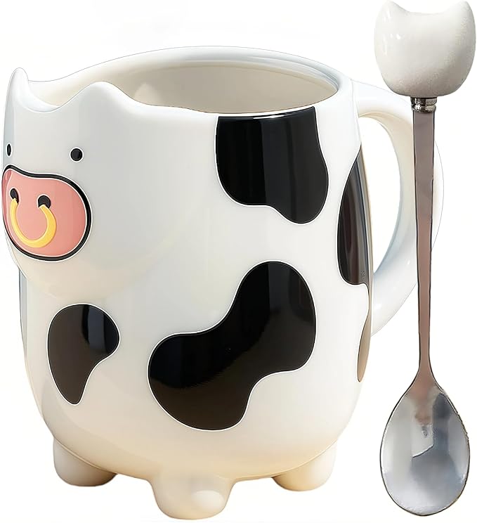 Yuwu 17oz Cow Mug with Built-in Tea Bag Holder and Spoon-Cute Glossy Ceramic Animal Cup for Milk Tea, Coffee, Kids, Girls-Farm Gift for Birthday, Christmas (white)