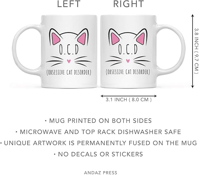 Andaz Press Funny Cat Lover 11oz. Ceramic Coffee Tea Mug, O.C.D. Obsessive Cat Disorder, 1-Pack, for Cat Mom, Birthday Christmas Ideas, Includes Box