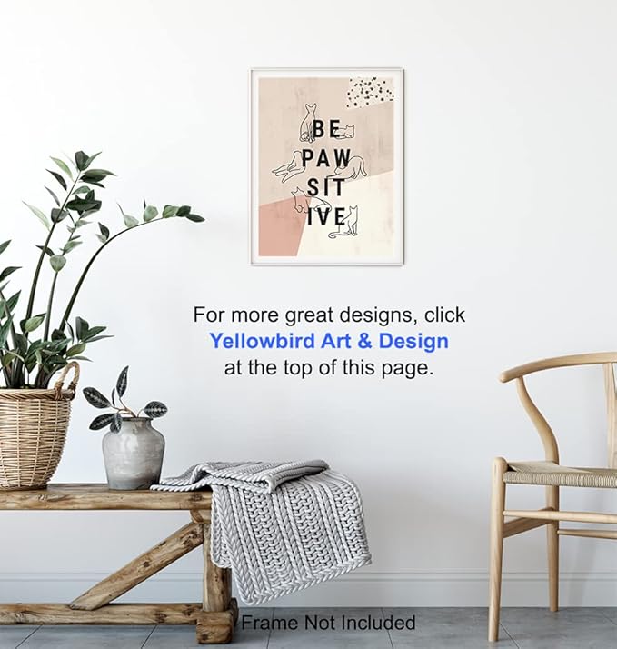 Inspirational Cat Art Wall & Decor - Cat Lover Gifts for Women - Cute Motivational Kiity Posters 8x10 - Aesthetic Abstract Minimalist Mid Century Modern Kitten Decor - Be Positive Geometric Line Art