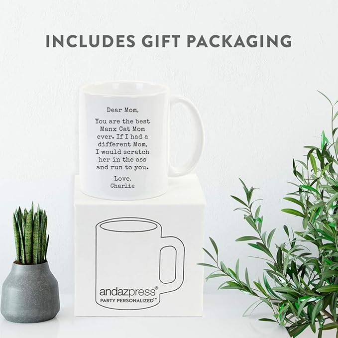 Andaz Press Personalized Funny Mom 11oz. Coffee Mug Gag Gift, Best Manx Cat Mom, Scratch in Ass and Run to You, 1-Pack, Custom Cat Lover's Christmas Birthday Ideas, Includes Gift Box