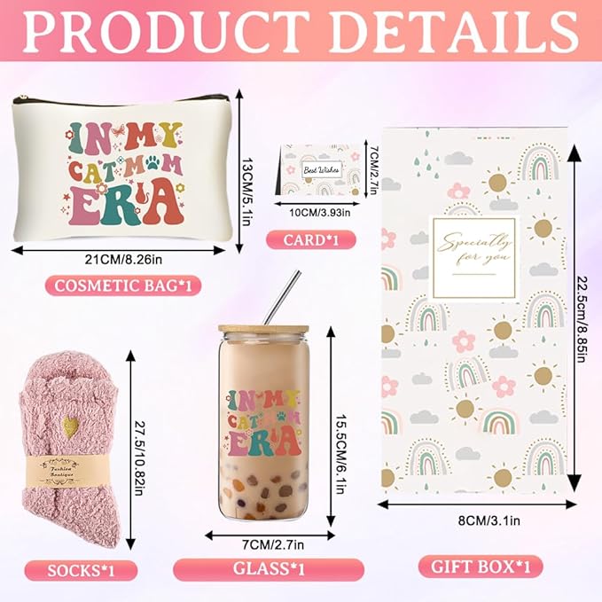 DHQH Cat Lover Gifts for Women, Cute Birthday Presents Cats Themed Gift, Cat Mom Gifts Set with 16 Oz Glass Cup for Mothers Day Thanksgiving Christmas
