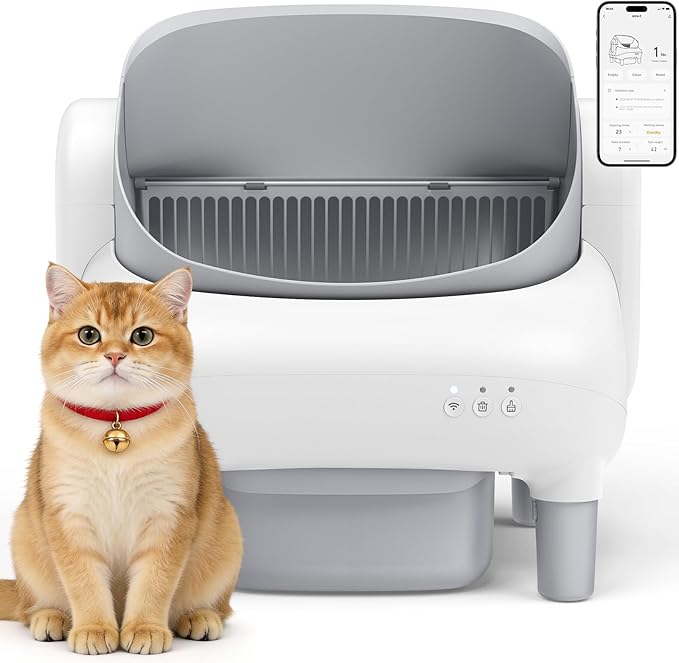 Automatic Cat Litter Box, Self Cleaning Litter Box for Multiple Cats with Open Top Design, App Control, Safet Protection,Ultra-Quiet,Easy Setup,Light Gray