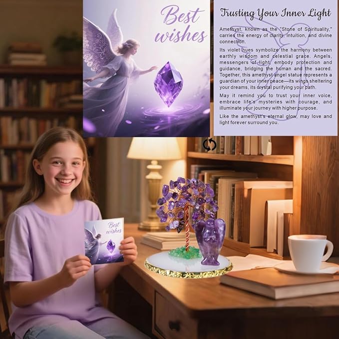 Dreamgirnh Amethyst Tree and Angel Crystals Healing Stones Statue Figurines, Cute Purple Office Desk Spiritual Decor, Teen Girl Birthday Gifts Trendy Stuff, Women Gifts for Christmas