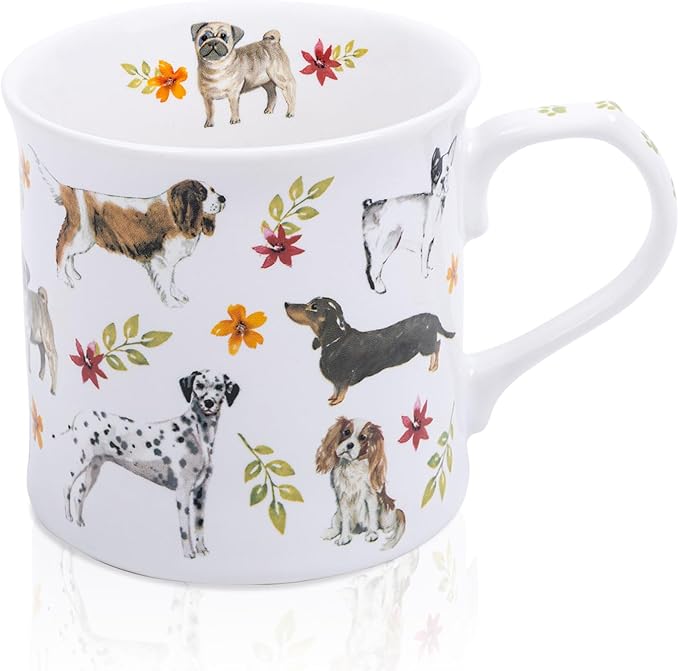 Cute Dog Coffee Mug, 12 oz Premium New Bone China Tankard Coffee Tea Mug, Holiday and Birthday Gift for Women, Dog Lovers, Dog Moms and Best Friends, Designed in England by Harvest Green Studio