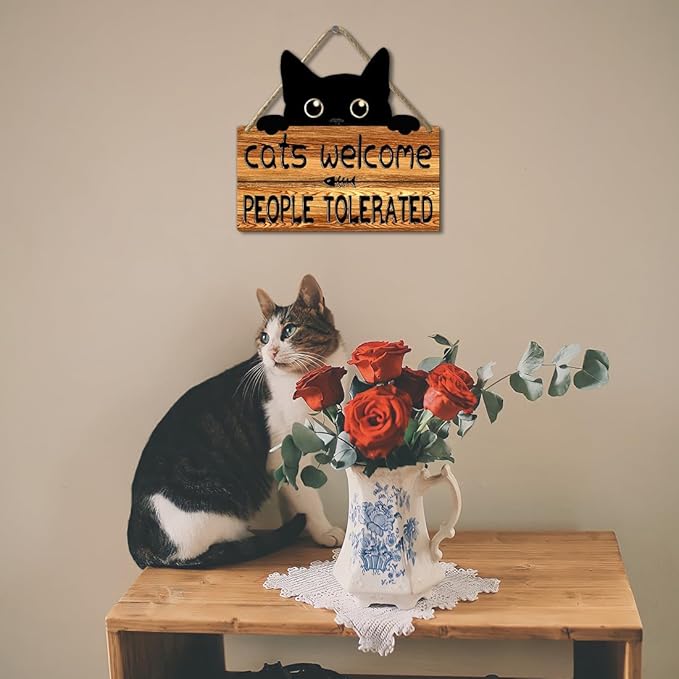 Funny Cat Signs Black Cat Welcome Sign Cat Home Decor Gifts For Cat Lovers Cat Gift For Women Cat Wall Art Halloween Black Cat Wooden Hanging Decor Door Sign Cats Welcome People Tolerated Sign