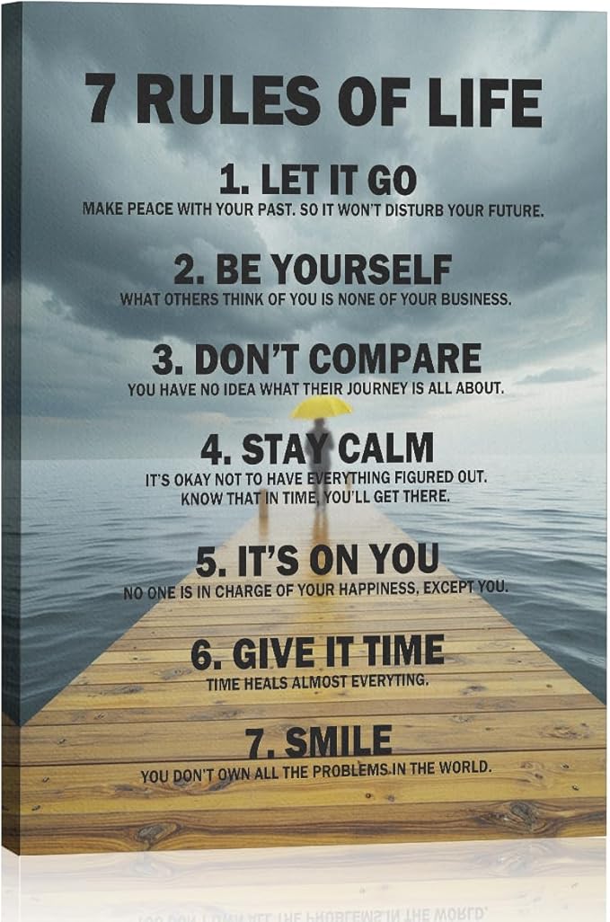 7 Rules of Life Framed Canvas Wall Art, Inspirational Quotes Decor Wall Painting, Motivational Picture Home Decor for Living Room Bedroom Office Classroom, 11.4"x15"