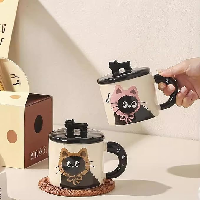 Cat Shaped Mug Suitable For A Variety Of Drinks, Ceramic Mug With Lid, Gift Box For Souvenirs (PinkGiftBox)