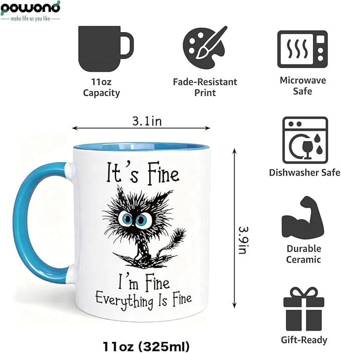 𝗙𝗨𝗡𝗡𝗬 𝗖𝗔𝗧 𝗖𝗢𝗙𝗙𝗘𝗘 𝗠𝗨𝗚 — “Everything Is Fine” Black Cat Mug, 11oz Sarcastic Funny Coffee Mug for Cat Lovers, Women, Coworkers – Microwave & Dishwasher Safe