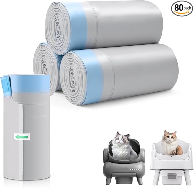 80 Count Automatic Cat Litter Box Bags for Petpivot Autoscooper 11/12 NeakasaM1 Open-Top Self-Cleaning Cat Litter Boxes, Leak-Proof Drawstring Trash Bags Replacement, Unscented,27" x 13",Holds 23 lbs