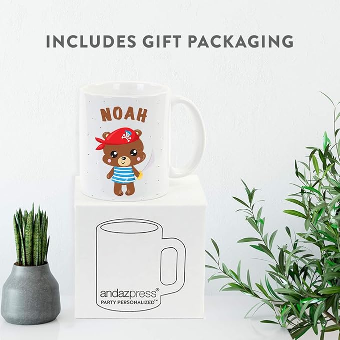 Andaz Press Personalized 11oz. Kids Milk Hot Chocolate Mug, Bear Pirate Red Scarf, 1-Pack, Custom Child’s Birthday Christmas Coffee Cup