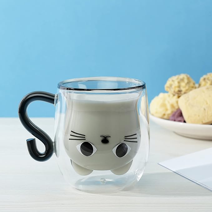 Phitihui Cat Mugs, Double Wall Glass Cute Coffee Tea Cup, Graduation Valentines Mothers Day Easter Halloween Christmas Gifts for Women Wife Mum Her Girl Teacher Friend, Birthday Present Idea