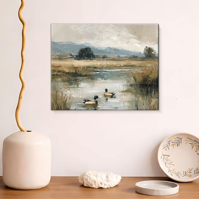 Rustic Mallard Duck Canvas Wall Art Vintage Pond Landscape Print Painting Cottagecore Wall Decor for Farmhouse Home Living Room 8x10 Inches Framed