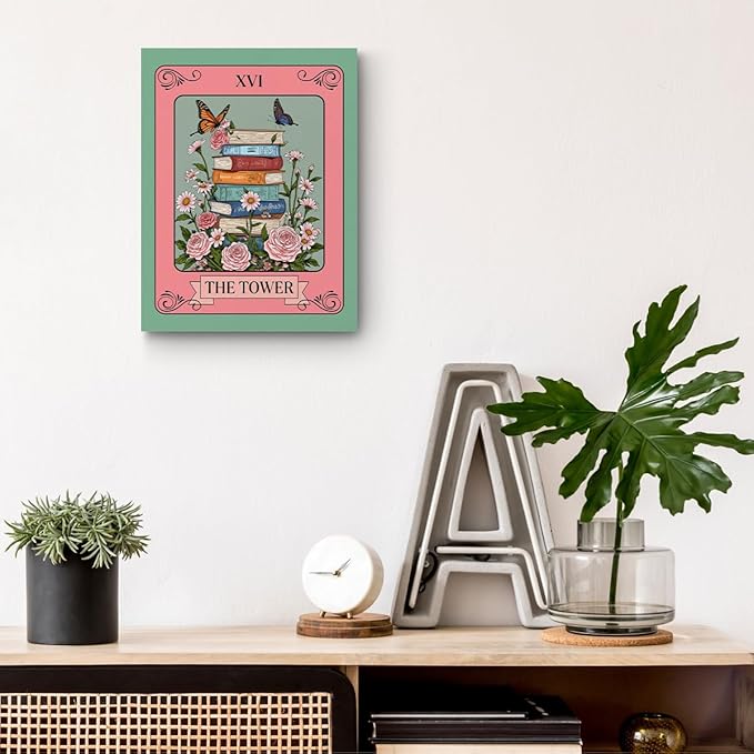 Stack of Books Wall Art, Book Lovers Gifts, Vintage Prints Flower Canvas Framed Painting for Room Decor, Butterflies Prints for Living Room Entryway Bedroom Book Shelf Office 15x11.4 inch