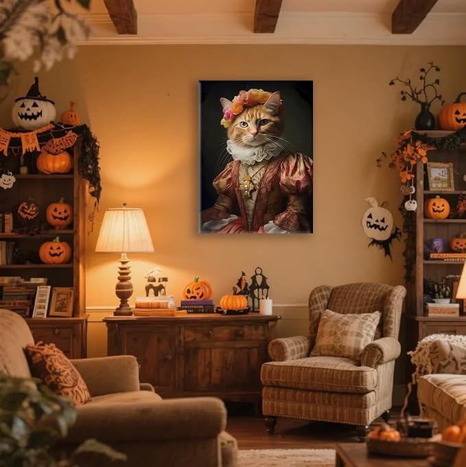 Jatinoo Orange Cat Gothic Wall Art - 11.5x15 inch Framed Canvas Print, Witchy Dark Academia Vintage Home Decor for Halloween, Moody Aesthetic Room Poster for Cat Lovers