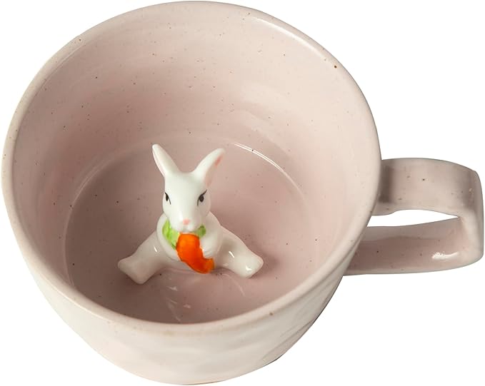 DIHOclub Farmhouse Ceramic Coffee Mug with Rabbit Figurine – Rustic Stoneware Cup, Matte Finish, Ideal for Breakfast & Home Decor (Pink Rabbit)