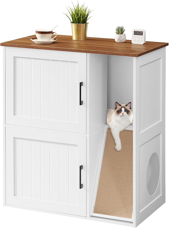 Litter Box Enclosure for 2 Cats, Hidden Litter Box Furniture with Scratch Pad, Double Litter Boxes Enclosure, Wooden Cat Washroom, Indoor Cat House End Table, White and Walnut CWBZ3201