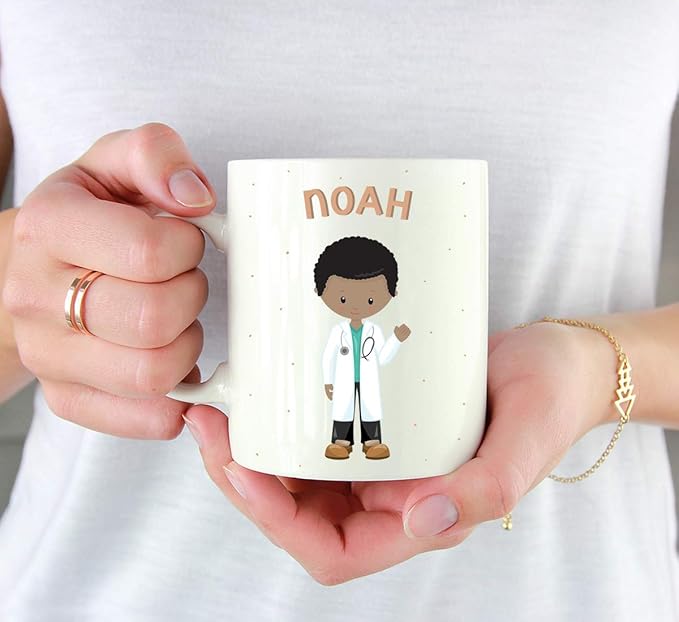 Andaz Press Personalized 11oz. Kids Milk Hot Chocolate Mug, Black Haired Boy Doctor, 1-Pack, Custom Child’s Birthday Christmas Coffee Cup