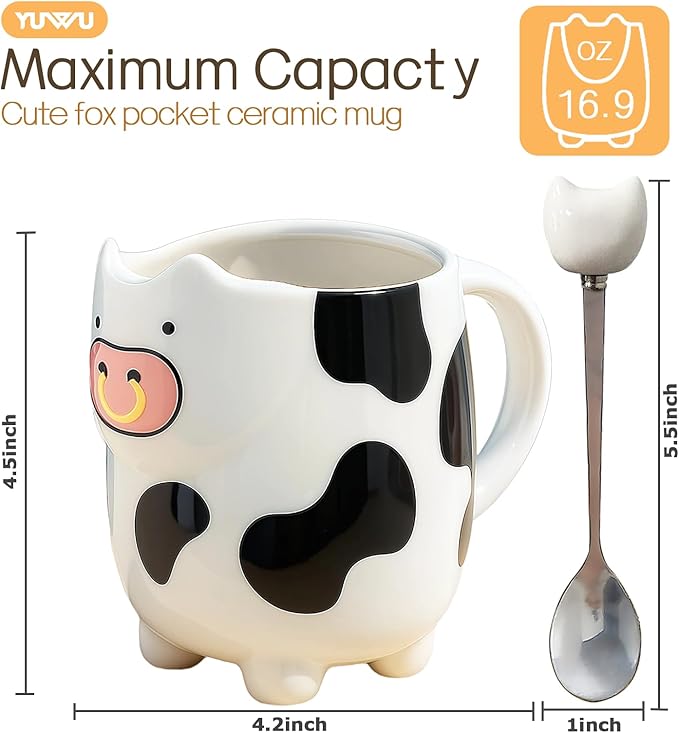 Yuwu 17oz Cow Mug with Built-in Tea Bag Holder and Spoon-Cute Glossy Ceramic Animal Cup for Milk Tea, Coffee, Kids, Girls-Farm Gift for Birthday, Christmas (white)
