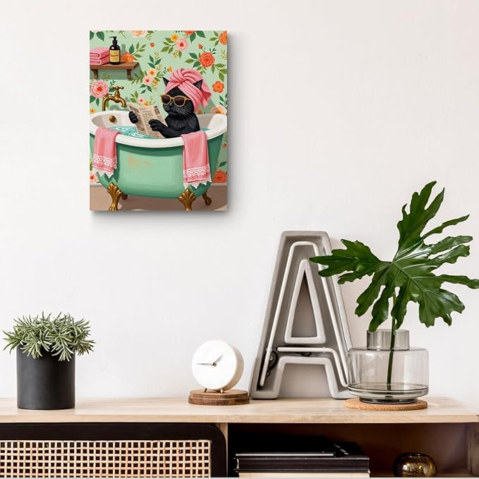Funny Cat Bathroom Canvas Wall Art, 11.4x15in Cat Framed Art Paintings Wall Decor Unique Gifts And Animal Lover Prints Picture for Living Room Bathroom Kitchen Farmhouse Decor