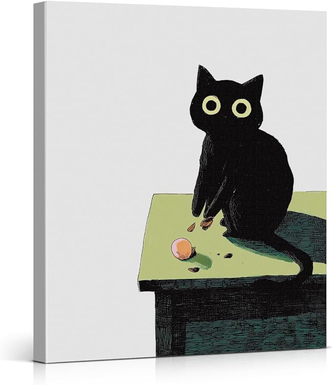Modern Black Cat Wall Art Decor Cute Cartoon Kitten Print Picture Cat Lover Gifts Wall Decor for Home Living Room 8x10 Inch Canvas Framed