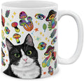 MUGBREW Cute Black White Tuxedo Cat On Rainbow Mushrooms Ceramic Coffee Mug Tea Cup, 11 OZ