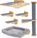 Cat Wall Shelves – Cat Wall Climber with Cat Scratch Post, Removable Bed, Climbing Steps, and Feeding Terrace with Glass Bowls, Waterproof Rubberwood Pet Furniture