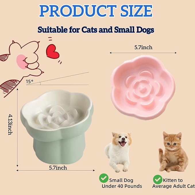 Ceramic Elevated Slow Feeder Cat Bowl,Anti Vomit Design for Whisker Fatigue Relief,Elevated Slow Feeder Bowls for Indoor Cats&Small Breeds,Perfect for Wet Food&Small Dogs (4, White)
