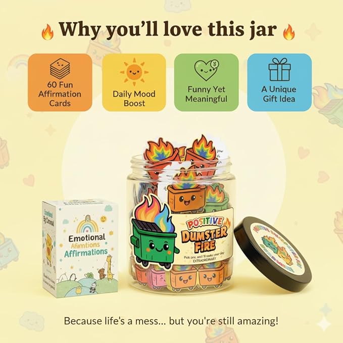 60 Positive Dumpster Fire Cards Jar, Affirmation Cards, Emotional Support, Gag Funny Dumpster Fire Desk Accessories - Zen Garden, Friends Coworkers Gifts for Women, Men