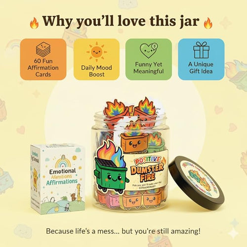 60 Positive Dumpster Fire Cards Jar, Affirmation Cards, Emotional Support, Gag Funny Dumpster Fire Desk Accessories - Zen Garden, Friends Coworkers Gifts for Women, Men