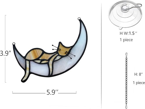 BOXCASA Stained Glass on Moon Cat Windown Hanging,Handcrafted Suncatcher Orange Cat Mom Gifts for Women,Daughter,Mothers Day,Christmas