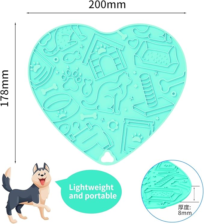 Silicone Slow Feeder Dog & Cat Bowl with Suction Cups – Non-Slip Fun Pattern for Dogs and Cats, Interactive Pet Enrichment Bowl, Treat Eating Feeder, Heart-Shaped Mat Compatible (Mint)