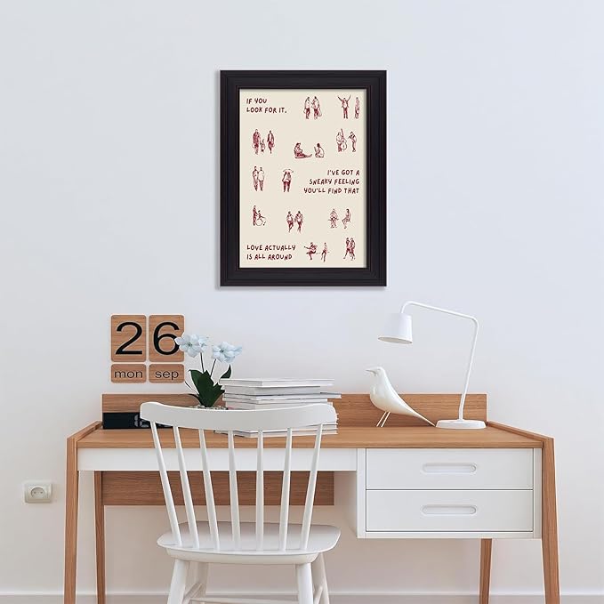 Love Actually Is All Around Wall Art Red Vintage Aesthetic Quotes Poster Minimalist Funky Small People Canvas Prints for Living Room Bedroom Wall Decor 16X20 inch Vintage Framed