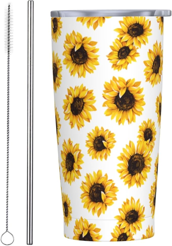 Sunflower Tumbler 20oz Floral Stainless Steel Insulated Tumblers with Lid and Straw Yellow Flowers Travel Coffee Mug Tea Wine Cups Water Bottle Sunflower Gifts for Women