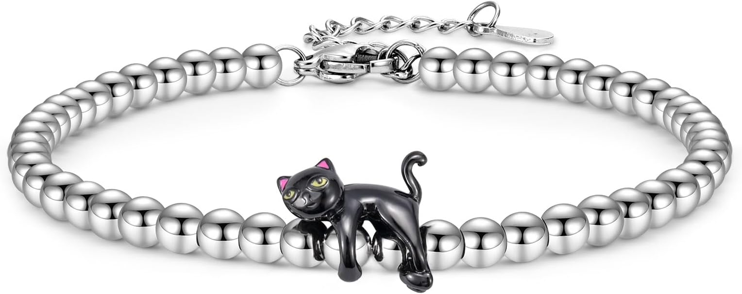 Cat Bracelet Gifts for Women - Stainless Steel Lucky Black Cat Themed Jewelry Presents, Cat Lover Lady Mom Gifts Idea for Christmas Stocking Stuffer