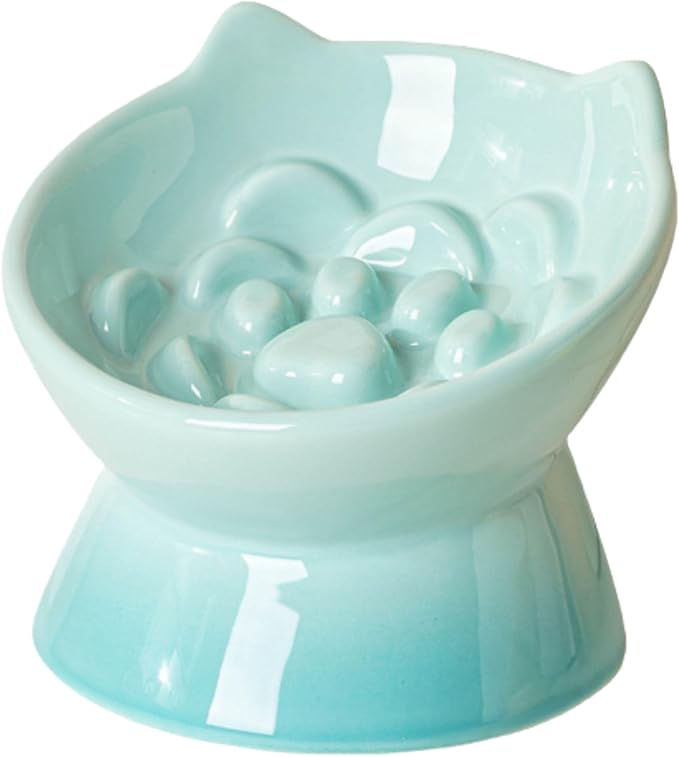 Macarons Series Ceramic Slow Feeder Cat Bowl, Raised Puzzle Feeder, Anti Vomiting Cat Slow Feeding, Elevated Food Bowl, Whisker Friendly Pet Bowl with Cute Ear Design (Gradient Green)