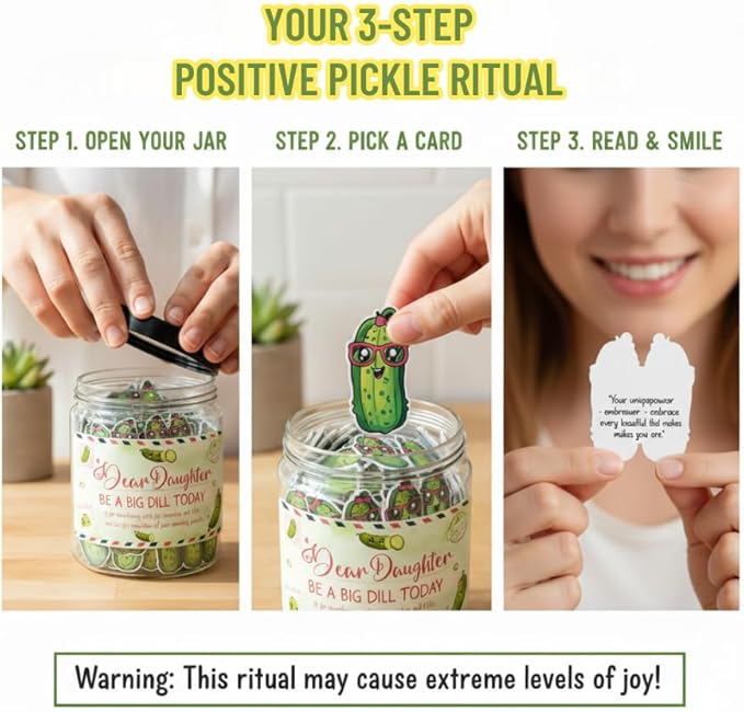 DEARMINE 60 Positive Pickle Cards Jar for Daughter with Affirmation Cards, Daughters Birthday Gift Ideas from Mom, Dad, Daughter Gifts, Unique Birthday Gifts for Daughter in Law