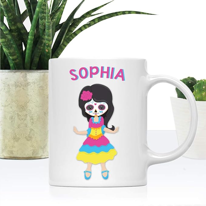 Andaz Press Personalized 11oz. Kids Hot Chocolate Mug, Mexican Day of the Dead Dia de Los Muertos Girl, 1-Pack, Custom Child’s Birthday Christmas Coffee Cup