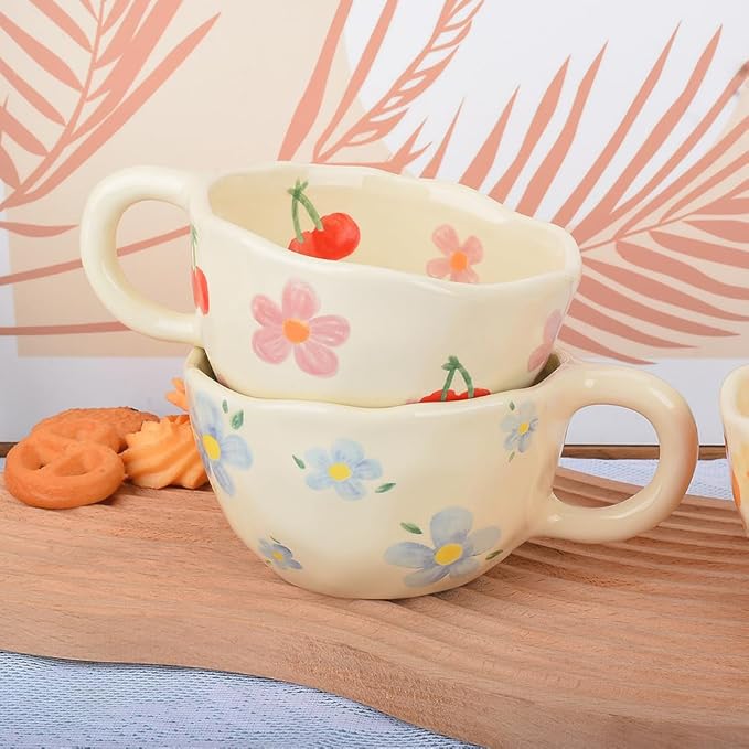 Cute Coffee Mug,Ceramic Tea cup,Kawaii coffee mugs,Handmade Creative Flower Pink mug with Spoon,Aesthetic mugs for milk Cappuccino Cocoa,8.5 oz Cheery Mug Gift for Women Christmas (Blue)