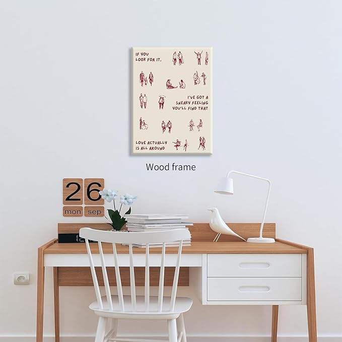 Love Actually Is All Around Wall Art Red Vintage Aesthetic Quotes Poster Minimalist Funky Small People Canvas Prints for Living Room Bedroom Wall Decor 16X20 inch Wood Framed