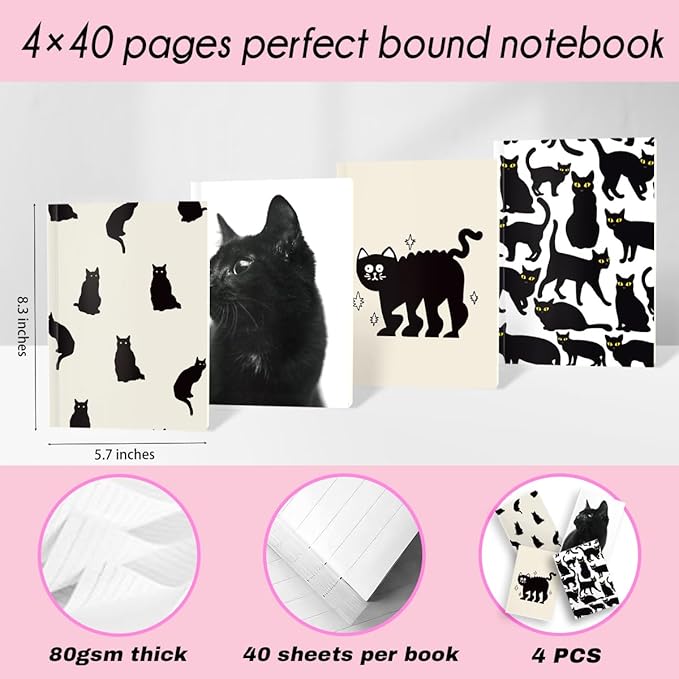 Cat Lined Notebooks for Work, 4 Pcs A5(8.26x5.7inch) College Ruled Notebook Journal for Women, Cute Notepads Journals for Writing, Cute Diary Stationary Cat Lover Gifts 1