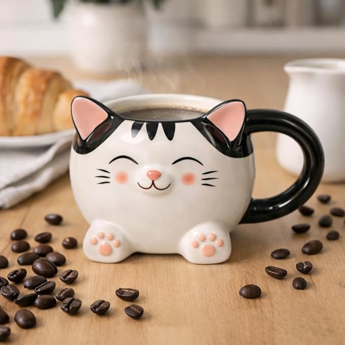 Cute Cat Coffee Mug – 16oz Ceramic Animal Mug, Handmade Gift for Cat Lovers, Cute Kawaii Coffee & Tea Cup – Black Tabby