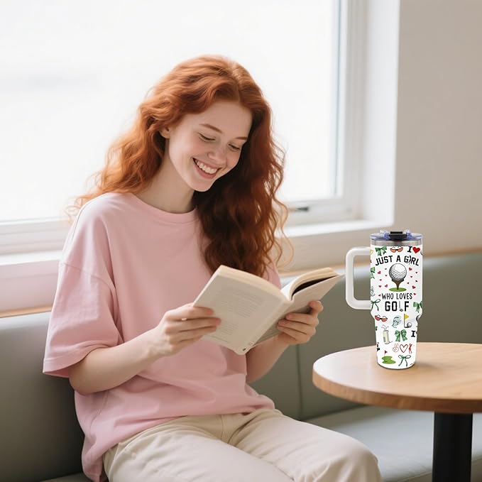 Golf Tumbler for Women 40oz with Straw & Handle - Just a Girl Who Loves Golf Insulated Tumbler, Stainless Steel, BPA-free, Leak Proof, Golfer Travel Cup for Girl, Golfs Gifts Golfs Lovers Birthday Cup