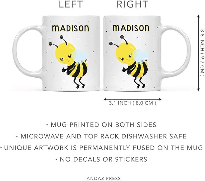 Andaz Press Personalized 11oz. Kids Milk Hot Chocolate Mug, Busy Bee Posture 2, 1-Pack, Custom Child’s Birthday Christmas Coffee Cup