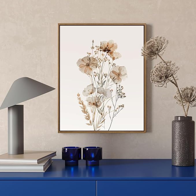 Neutral Watercolor Botanical Wall Art Vintage Floral Canvas Art Prints Orange Flower Plants Picture Minimalist Wall Decor Boho Artwork Framed for Girls Room Bedroom Living Room Decoration, 8"x10"x1Pcs