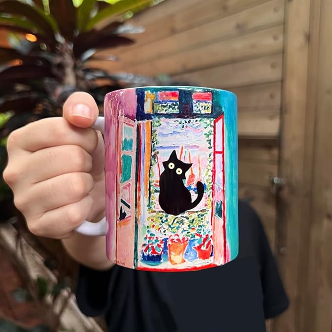 Famous Art Paintings Funny Cat Coffee Mug for Artist Art Lover Teacher Cat Lovers, Famous Picture Classic Vincent Aesthetic Canvas Mug Birthday Gift for Women Man (Open Window)