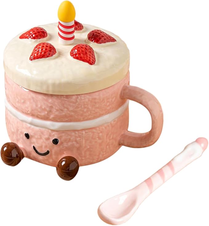 Adorable Cake Ceramic Coffee Mug, 400ml Cute funny Mug For Women, Cake Shaped Aesthetic Mugs Tea Cup with Lid Spoon for Birthday Valentines Day Home Office School