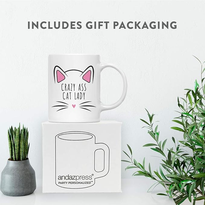 Andaz Press Funny Cat Lover 11oz. Ceramic Coffee Tea Mug, Crazy Ass Cat Lady, 1-Pack, for Cat Mom, Birthday Christmas Ideas, Includes Box